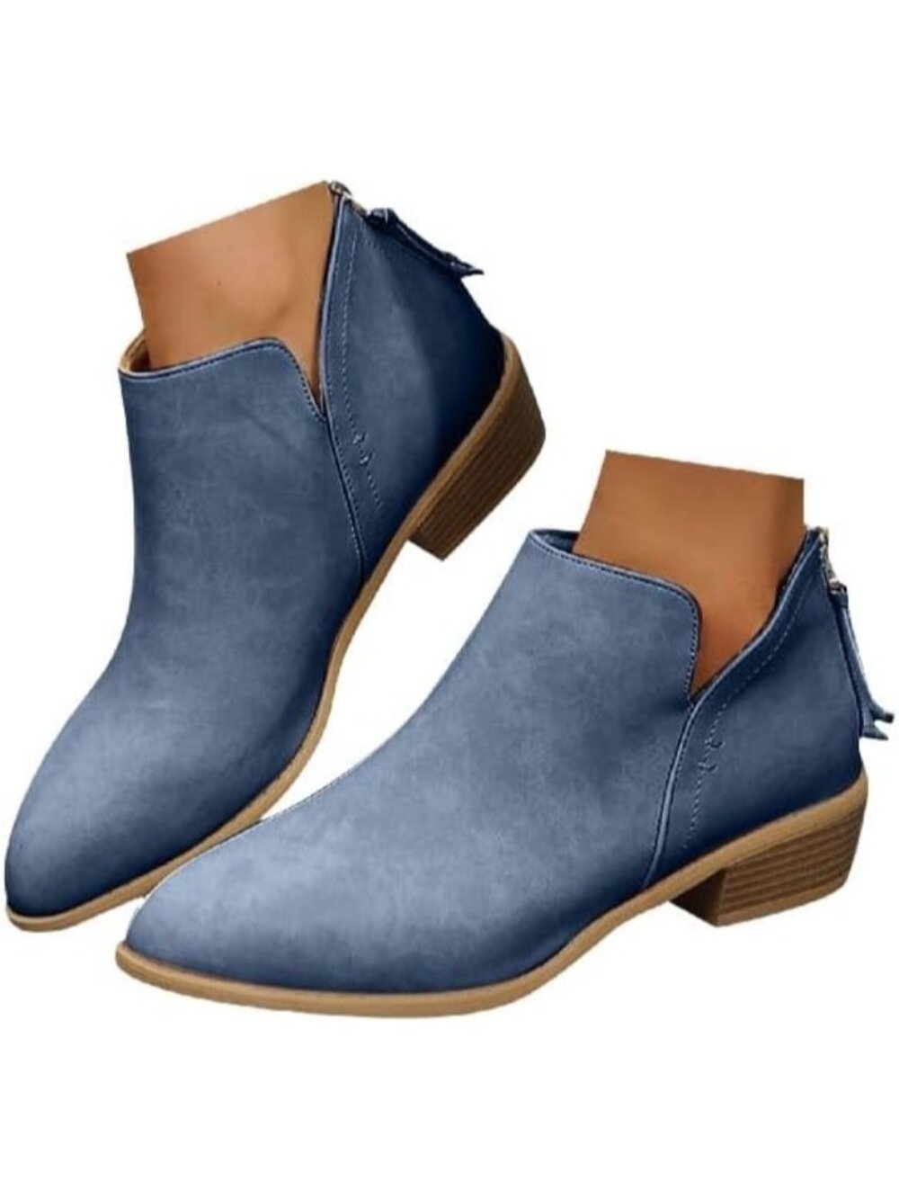 Women’s Blue Suede Ankle Cowboy Boots Pointed Toe Low Block Heel Western Booties